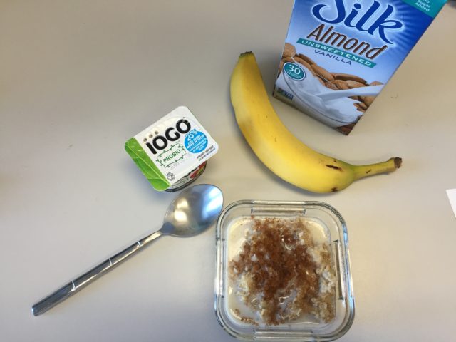 A typical breakfast of steel cut oats, yogurt and banana